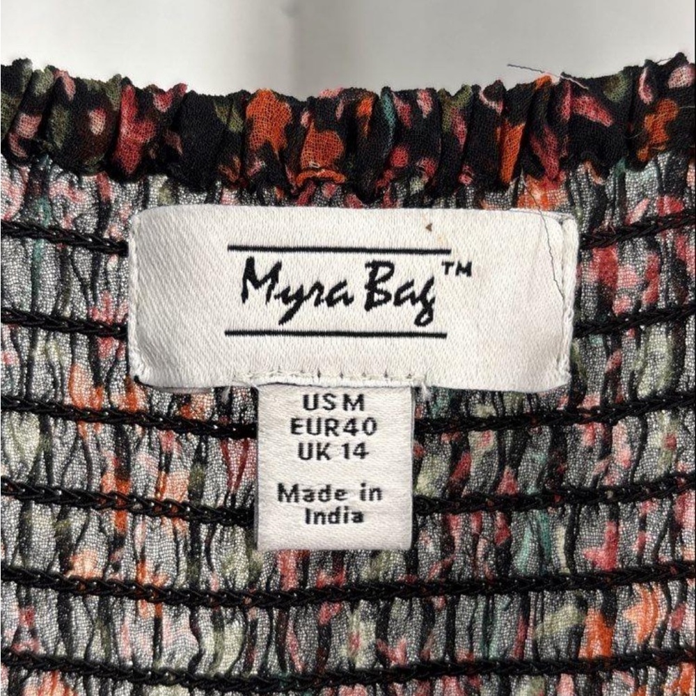 Myra Bag Black Floral Puff Drop Sleeved Semi Sheer Dress    Size M - Picture 3 of 3